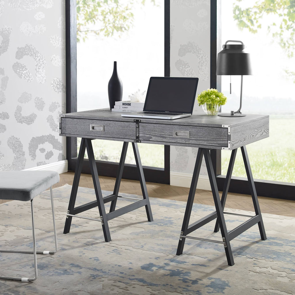 Grey Writing Desk with Oak Veneer Finish and Powder Coated Black Base X689274