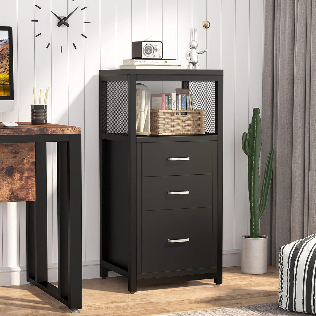 Black 3 Drawer Vertical File Cabinet with Metal Wire Storage Shelves X48241