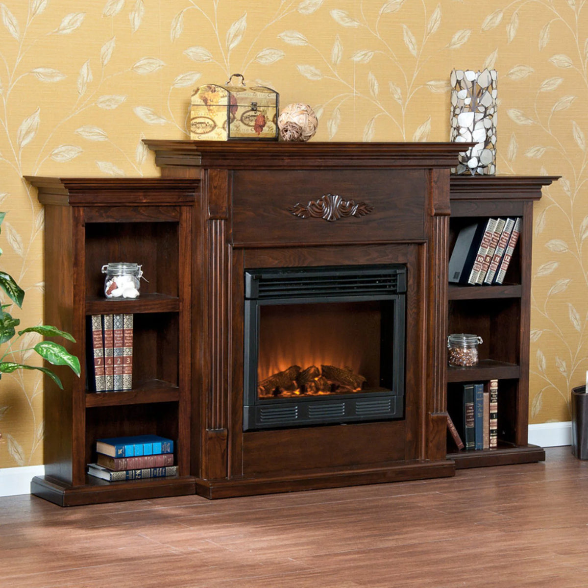 Black Wood Electric Fireplace with Bookcases L113
