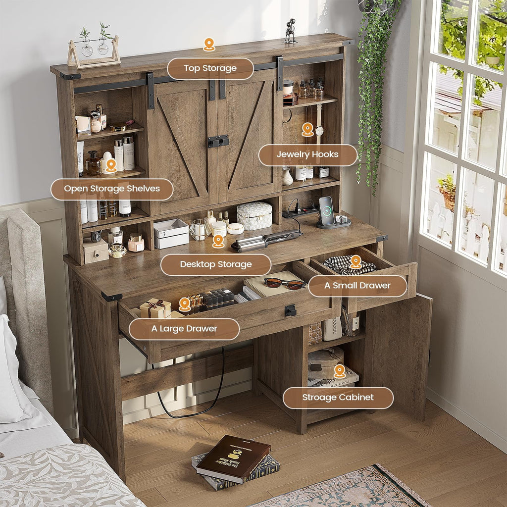 Brown Vanity Table with Charging Station and Lights Mirror Y9911