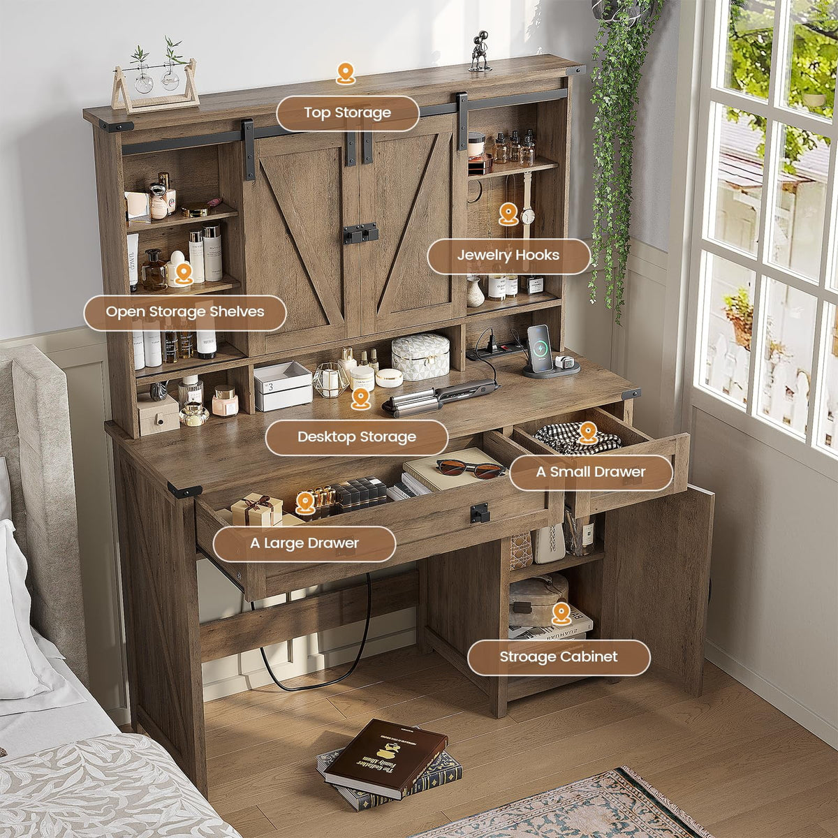 Brown Vanity Table with Charging Station and Lights Mirror Y9911