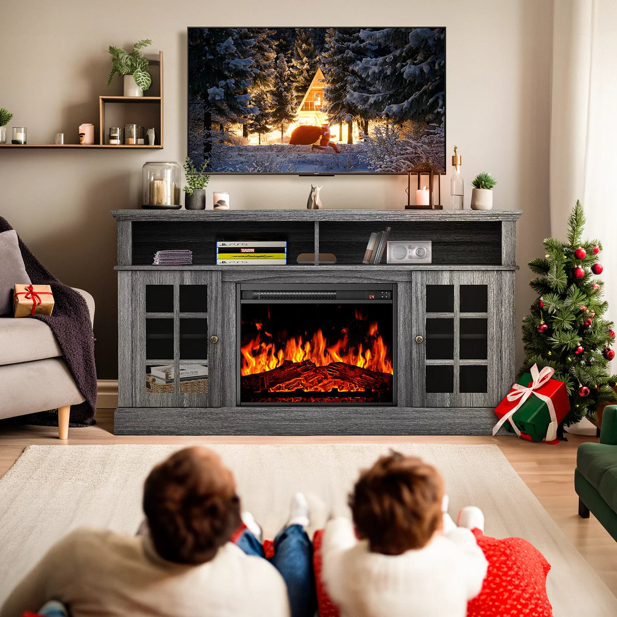 Electric Fireplace TV Stand with Adjustable Shelves Q351