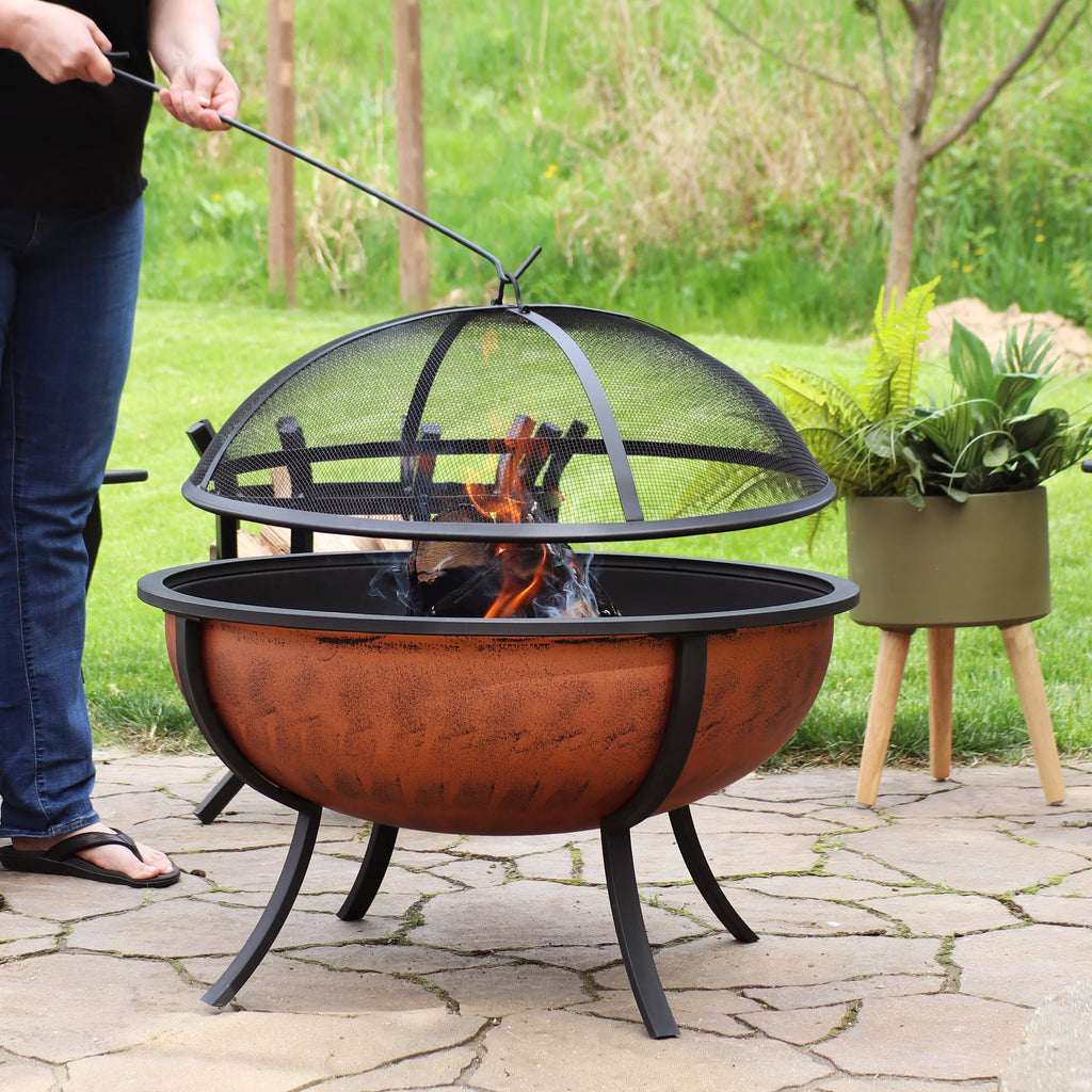 Copper Raised Outdoor Fire Pit Bowl with Spark Screen - 32" Z12179
