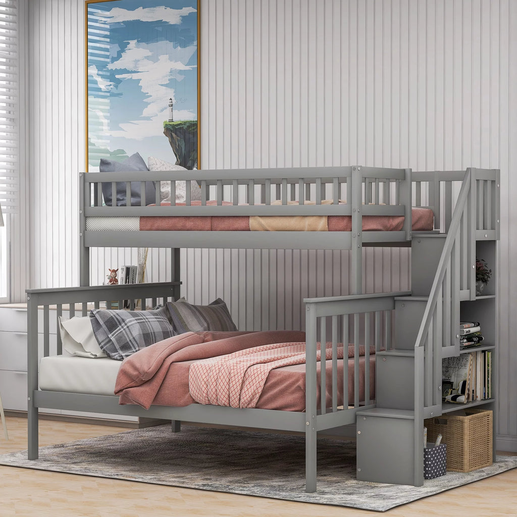 Gray Wood Twin over Full Bunk Bed with Stairs and Storage Shelf D97504
