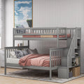 Gray Wood Twin over Full Bunk Bed with Stairs and Storage Shelf D97504