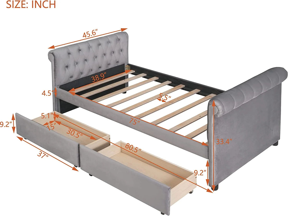 Gray Upholstered Daybed with Storage and 2 Drawers Y519