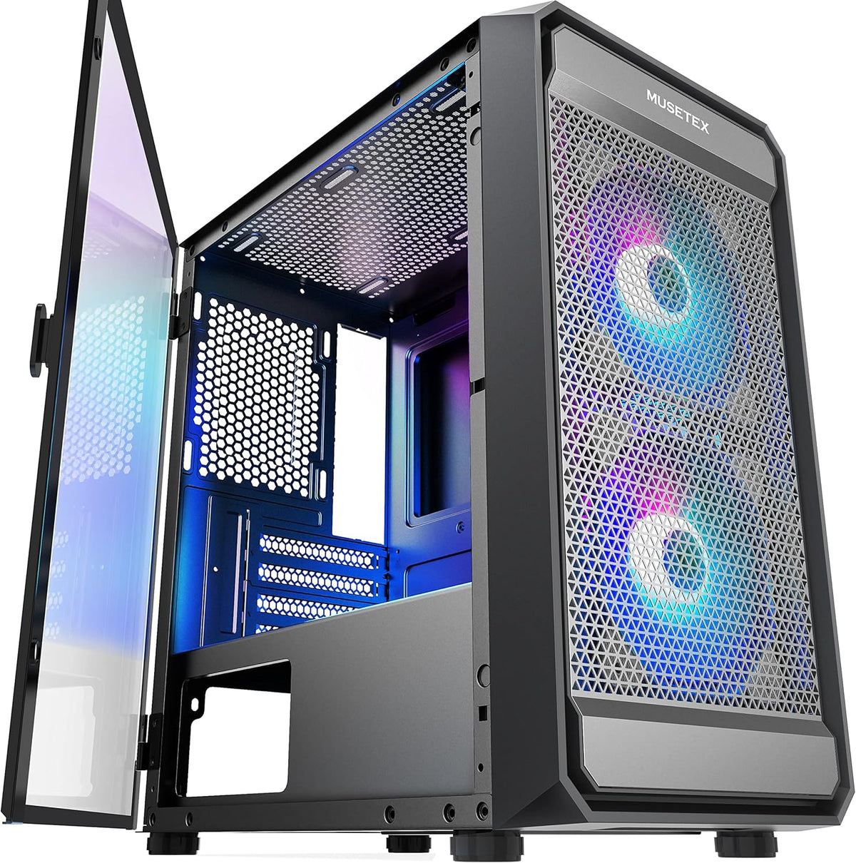 Micro-ATX PC Case with 2 ARGB Fans Type-C USB 3.0 Mesh Front Tempered Glass E38205