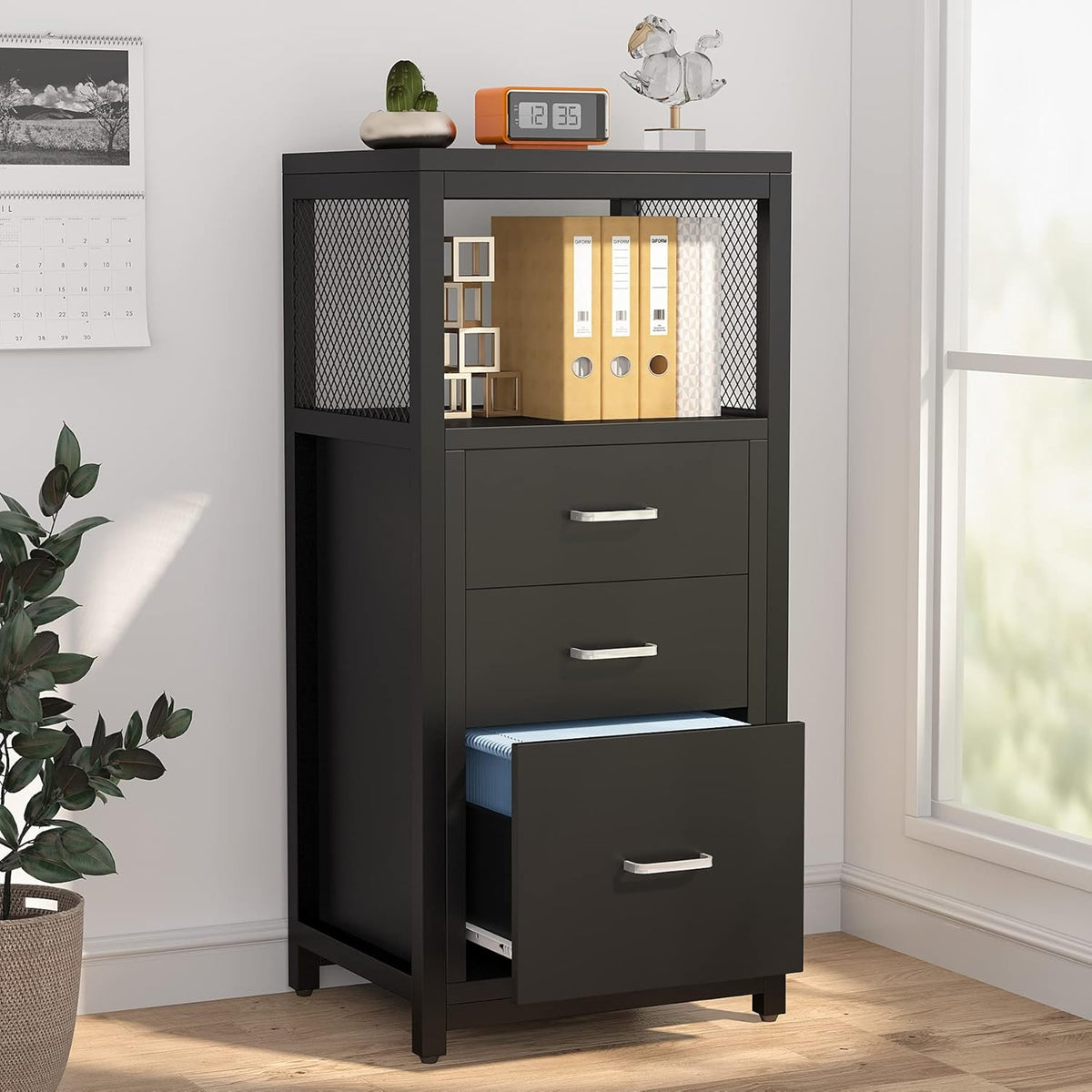 Black 3 Drawer Vertical File Cabinet with Metal Wire Storage Shelves X48241