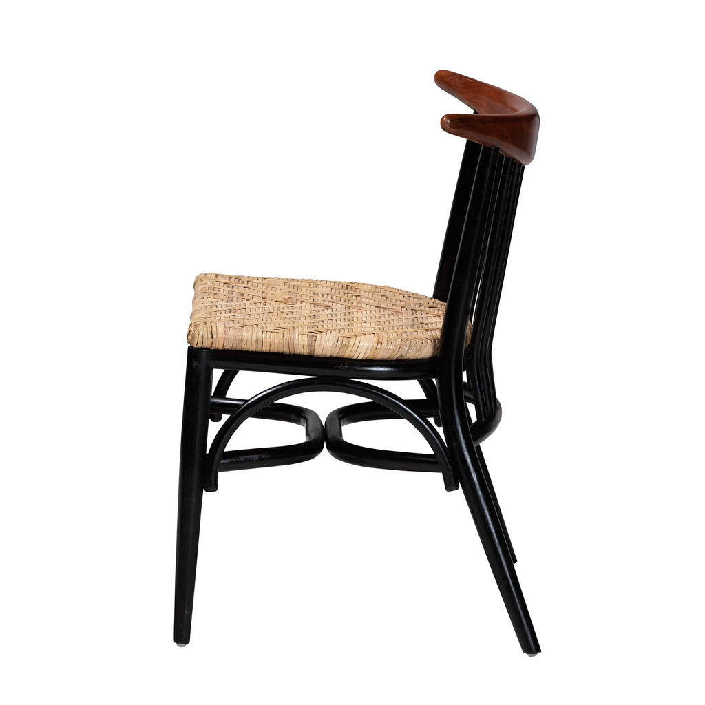 Black and Walnut Brown Wood and Rattan Dining Chair F7259