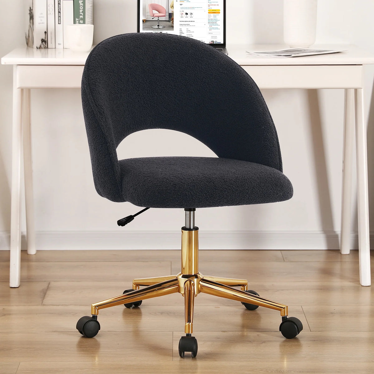 Black Faux Sherpa Upholstered Swivel Home Office Chair E444163