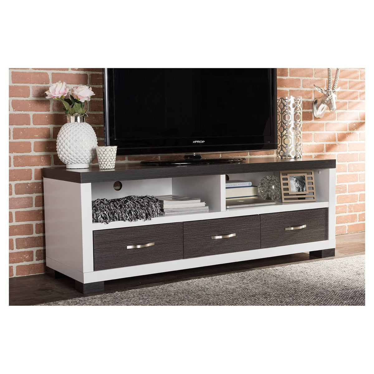 White and Dark Brown Entertainment TV Cabinet with Three Drawers E16321