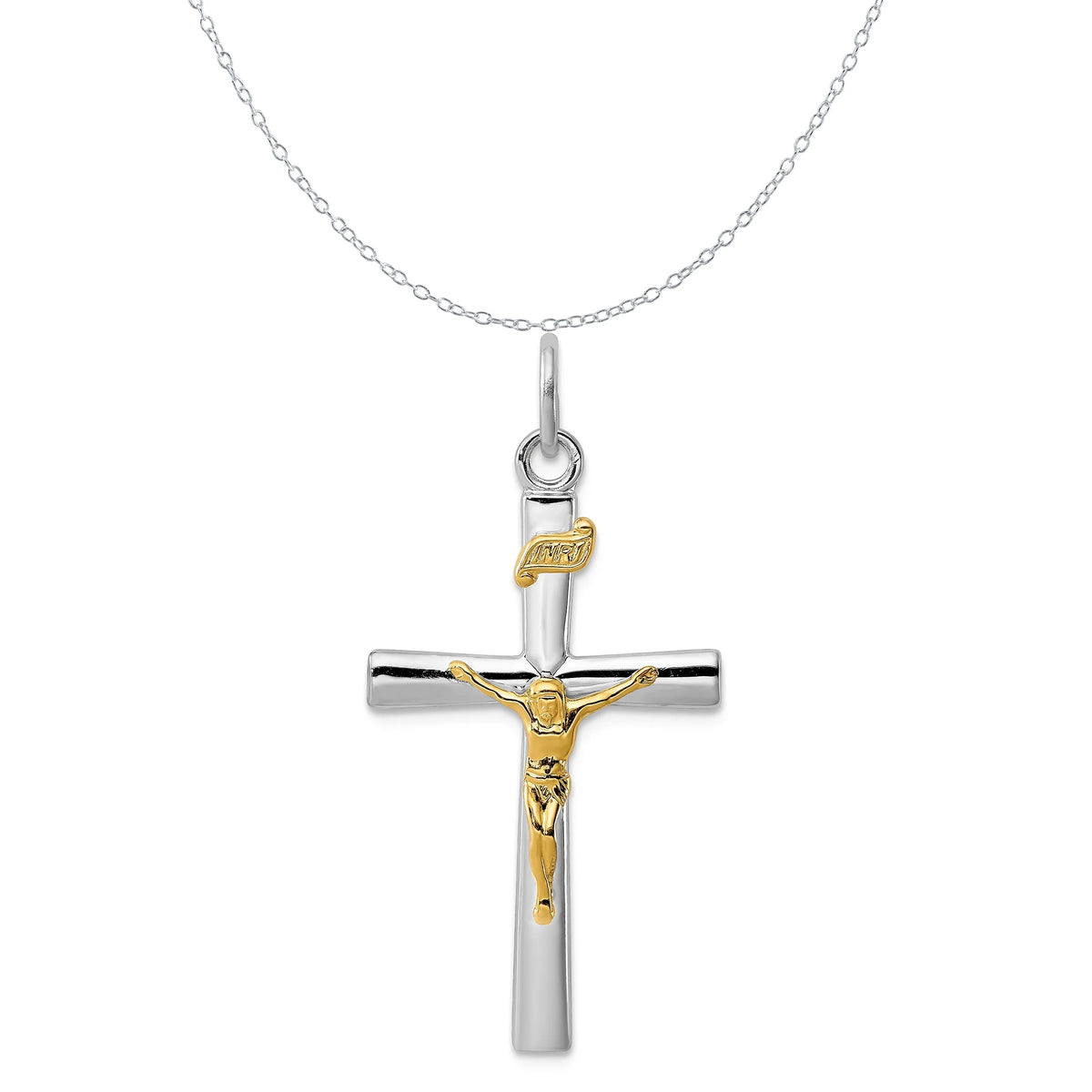 18K Gold Rhodium-Plated Sterling Silver Crucifix Charm Pendant with Sterling Silver Cable Chain Necklace 18'' W38092