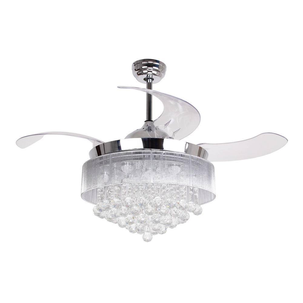 Crystal LED Chrome Retractable Blades Ceiling Fan with Light Kit and Remote Control D280