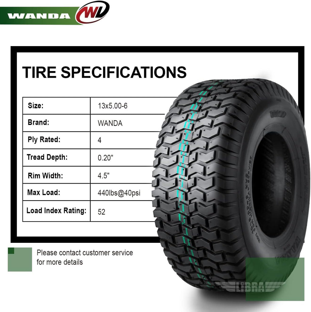 Set 2 13x5.00-6 Lawn Mower Utility Cart Turf Tires 4 ply Pack of 2 D338
