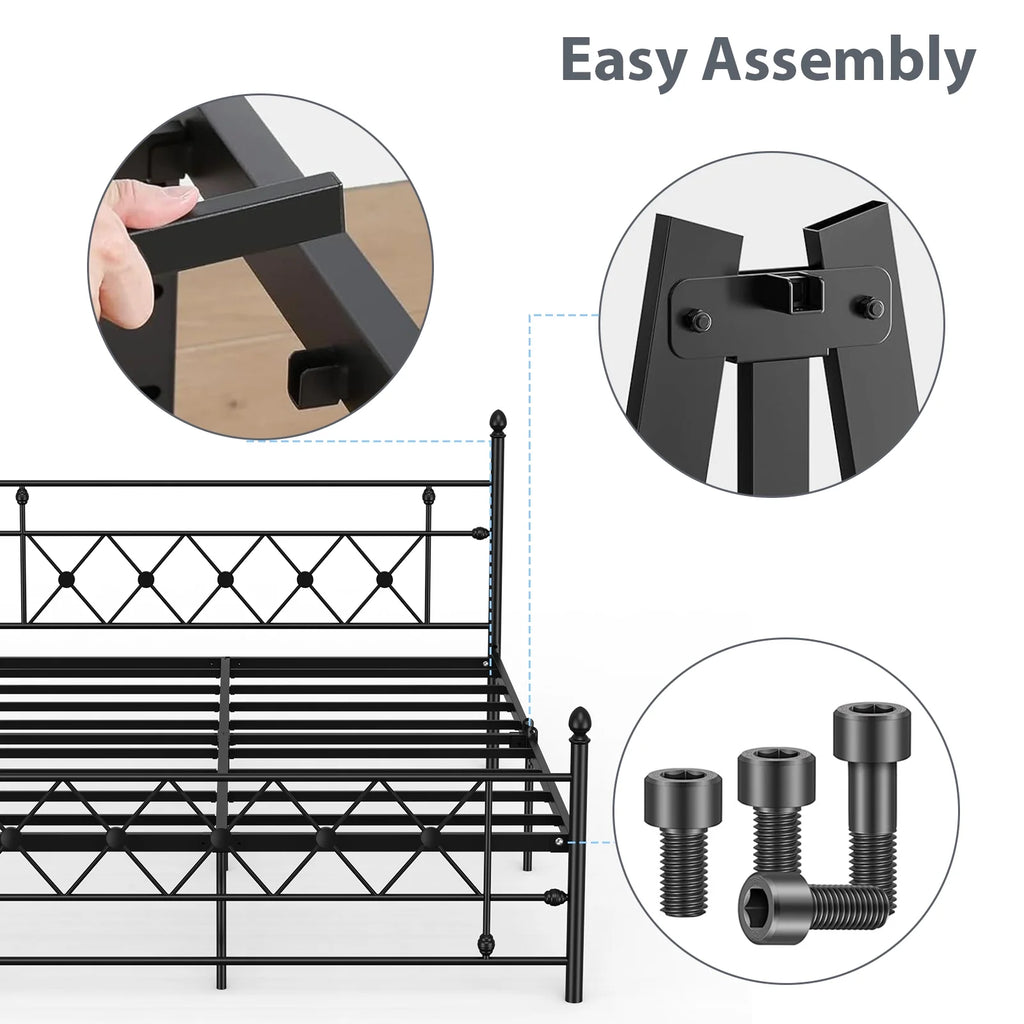 Queen Size Black Metal Platform Bed Frame with Headboard E91529