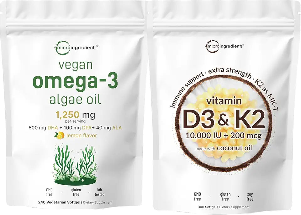 Vitamin D3 10,000iu + K2 200mcg Softgels & Vegan Omega 3 Algae Oil 2 Pack T661