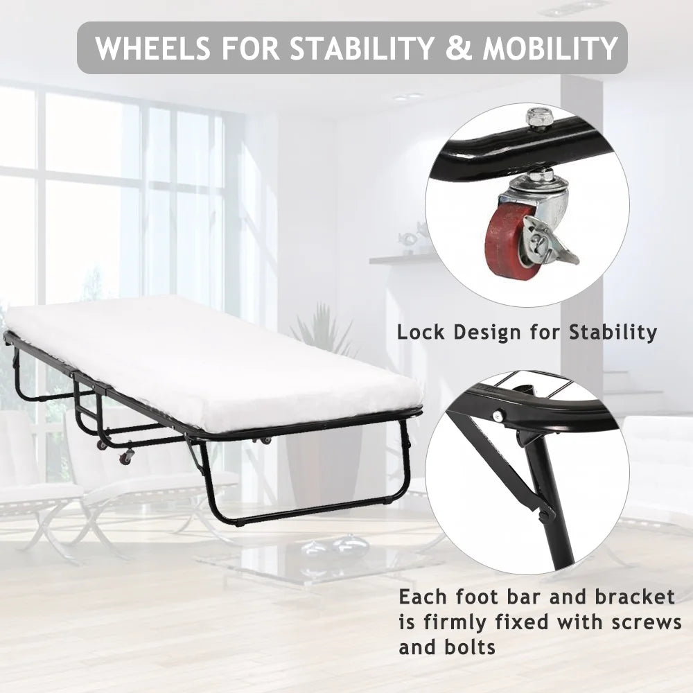 Folding Bed Frame with Wheel, Rollaway Bed with Mattress, Foldable Twin Bed with Memory Foam Mattress Z3223