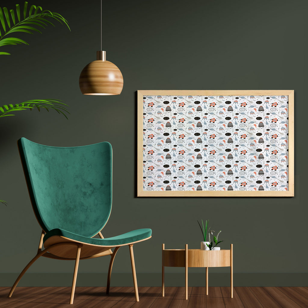 Cartoon Wall Art with Frame, Hand Drawn Outer Space UFO and Spaceship Exploring Stars and Beyond, Printed Fabric Poster, 35" x 23", Pale Blue Black E518953