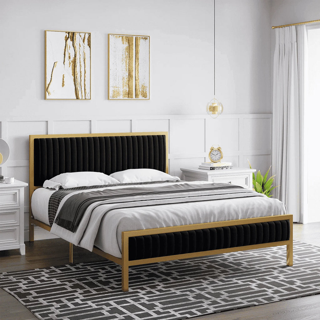 Full Size Metal Bed Frame with Velvet Tufted Headboard W723