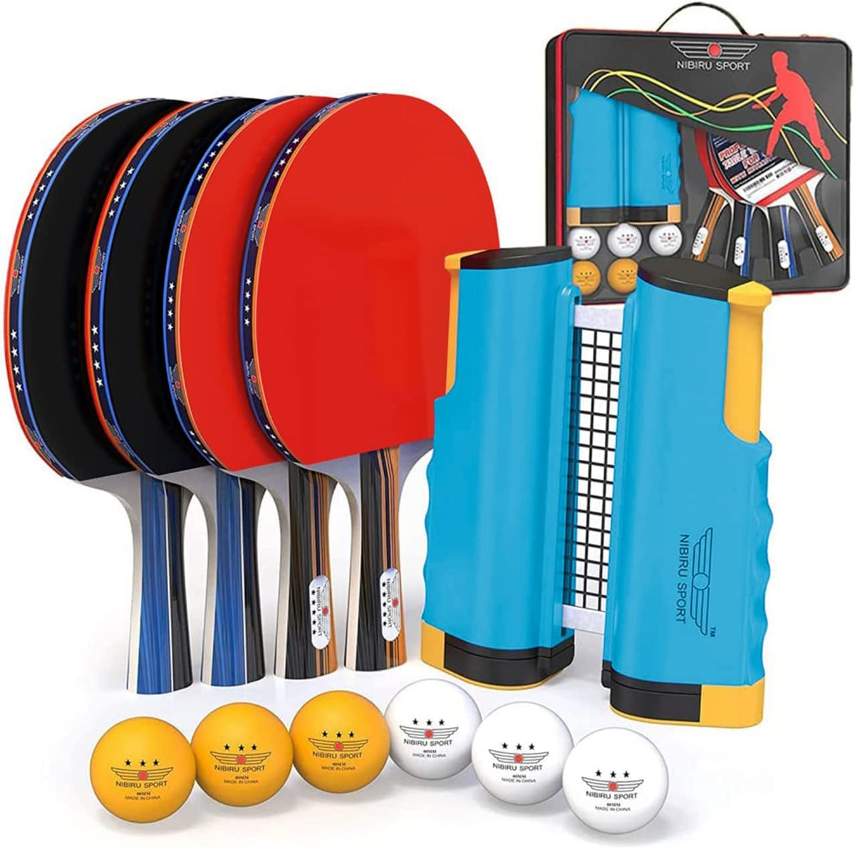 Ping Pong Paddles Set with Retractable Net and Storage Case, Pack of 2 O653316