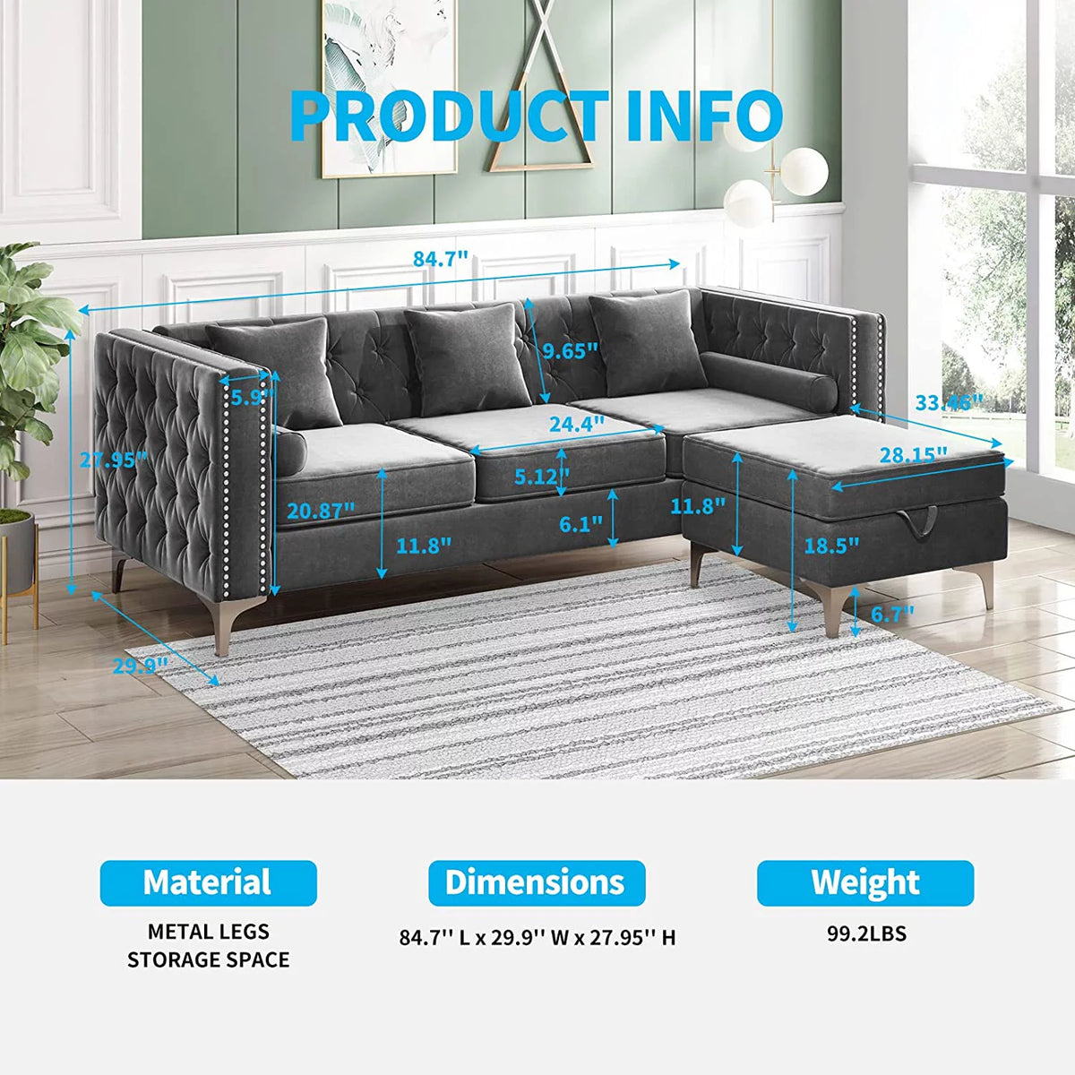 Velvet Grey L-Shaped Sectional Sofa with Chaise A16746