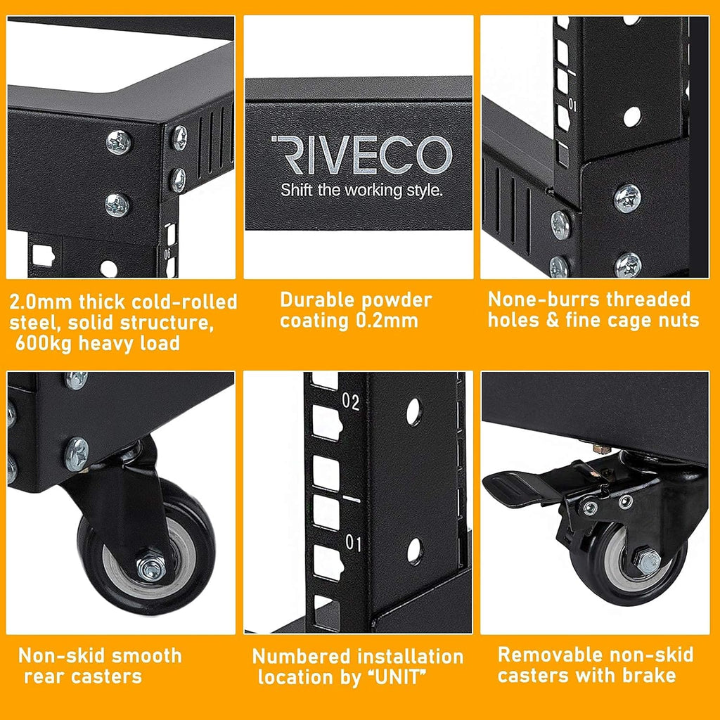 9U Open Frame Server Rack with Casters Black R4134