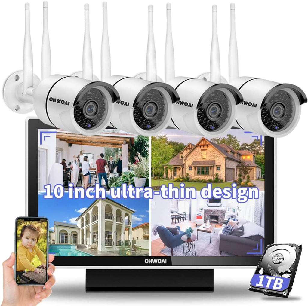 Wireless Security Camera System with 10 HD Screen, 4Pcs WiFi IP Cameras G253