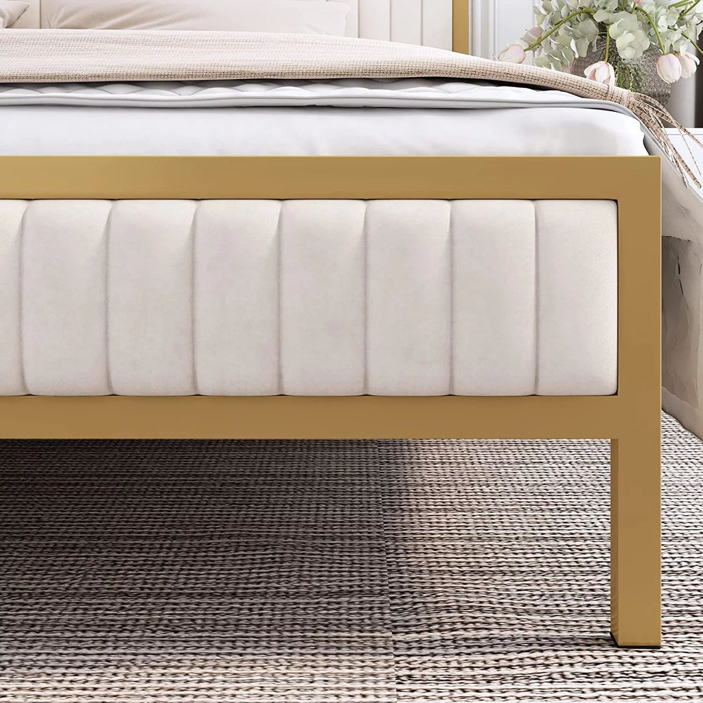 Full Size Metal Bed Frame with Velvet Tufted Headboard W723