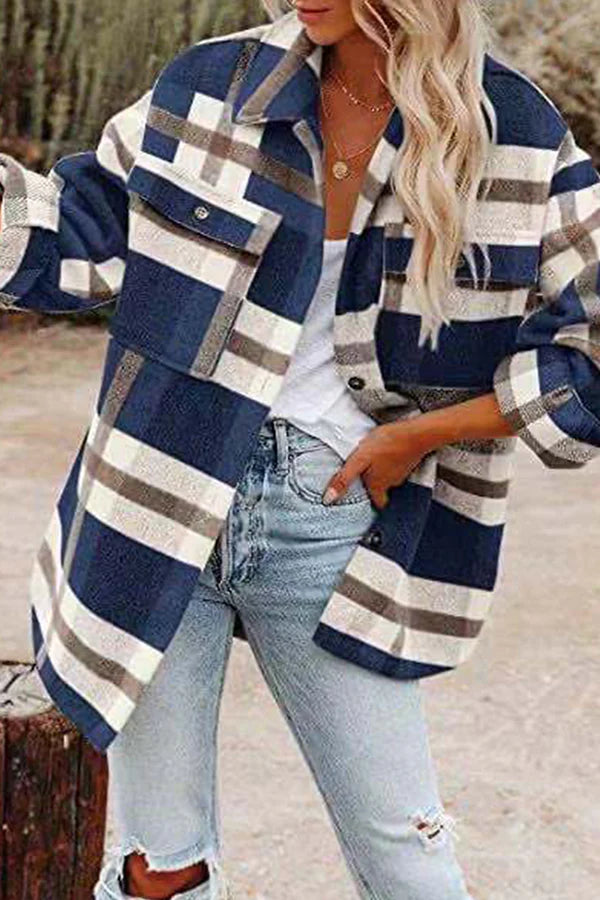 Plaid Pocket Buckle Turndown Collar Outerwear P282