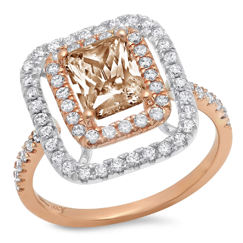 2.63ct emerald cut champagne simulated diamond 18k rose white gold halo ring size 5.25 O8194