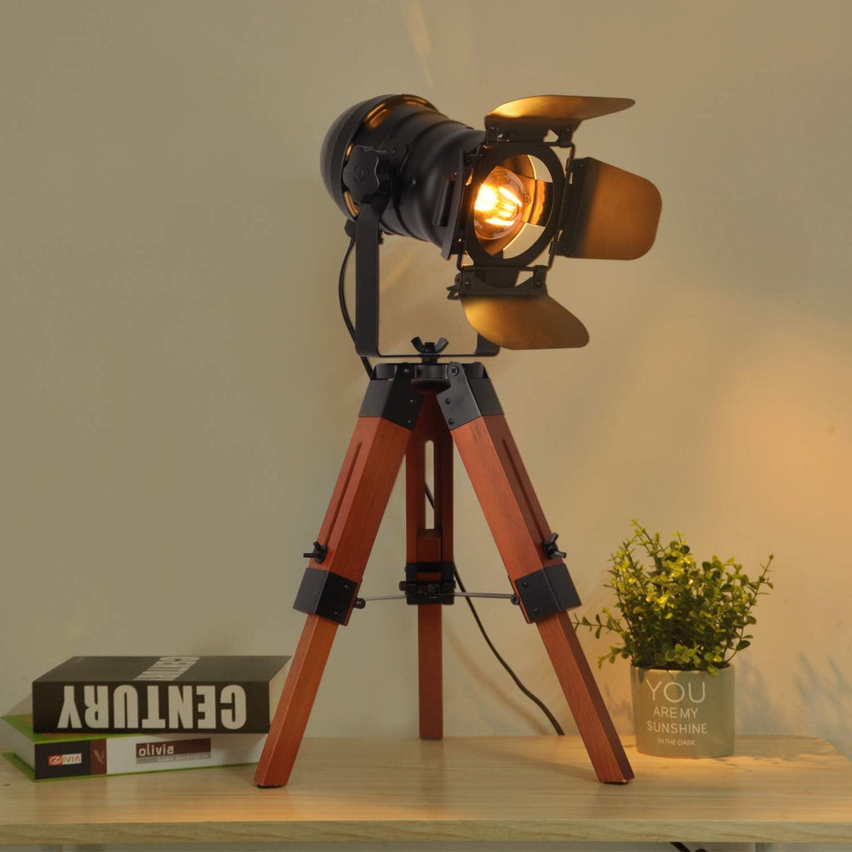 Industrial Tripod Floor Table Lamp Vintage Wood Searchlight Standing Lighting F114738
