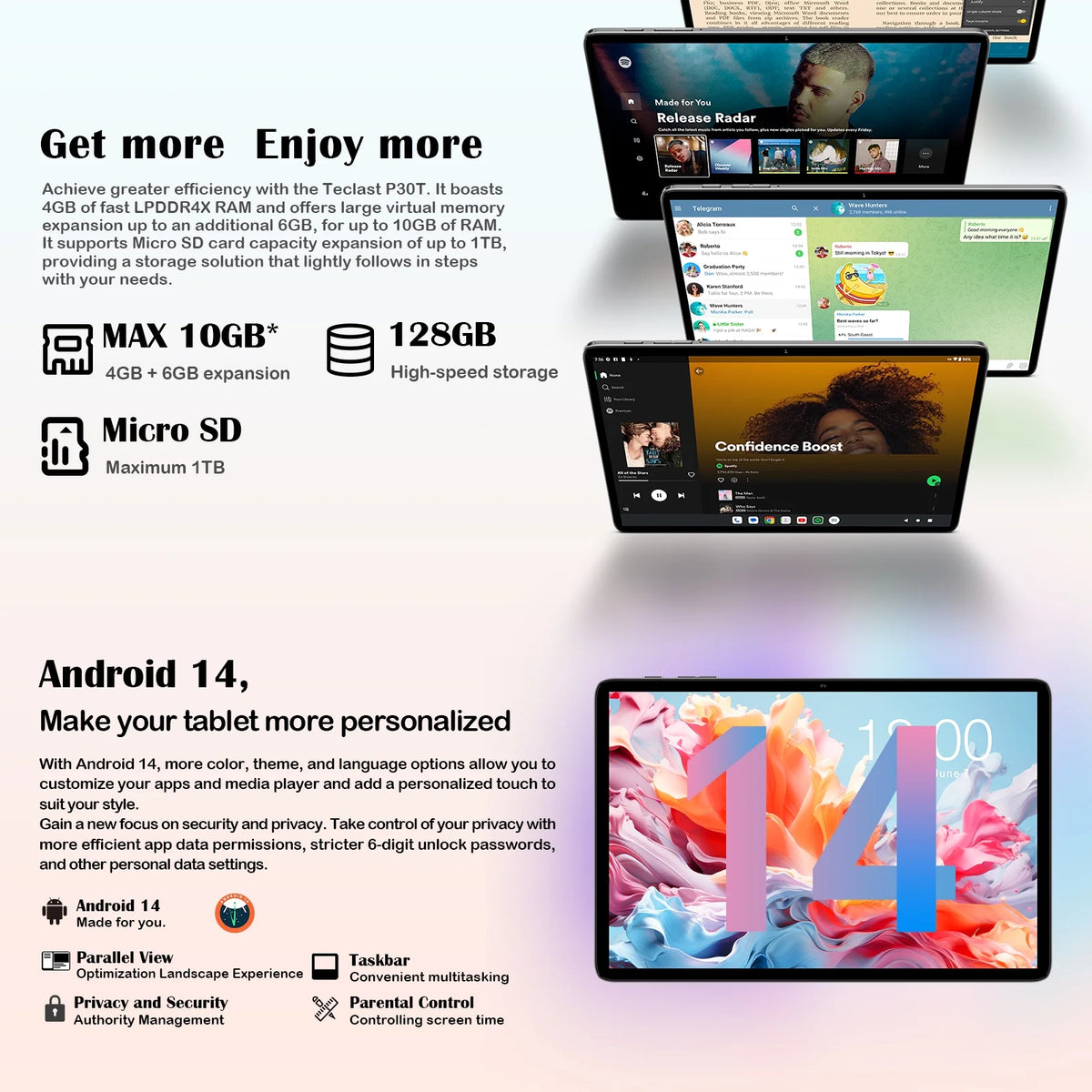 10 inch Android 14 Tablet 10GB RAM 128GB ROM Octa Core HD Bluetooth 5.4 Dual Camera L798618