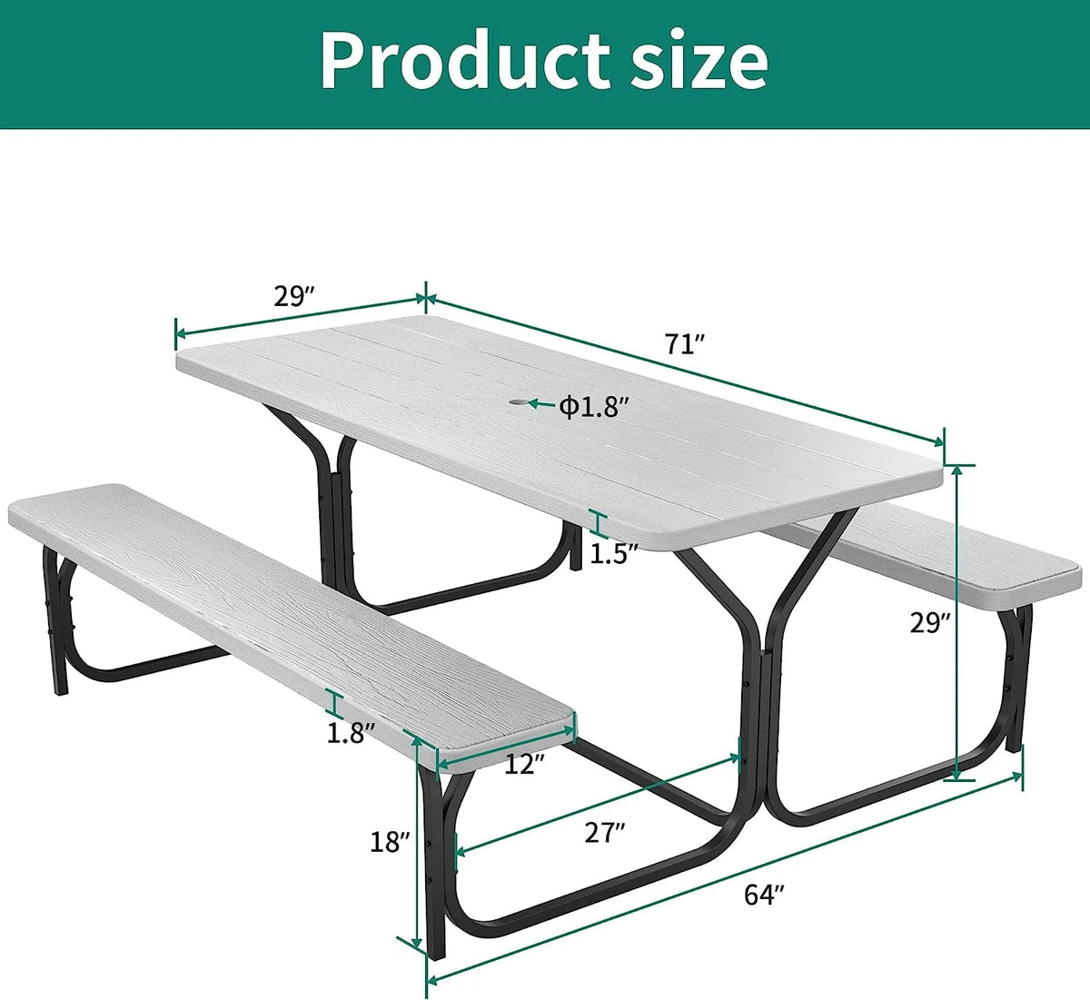 6 ft Black Picnic Table Bench Set with Umbrella Hole K599