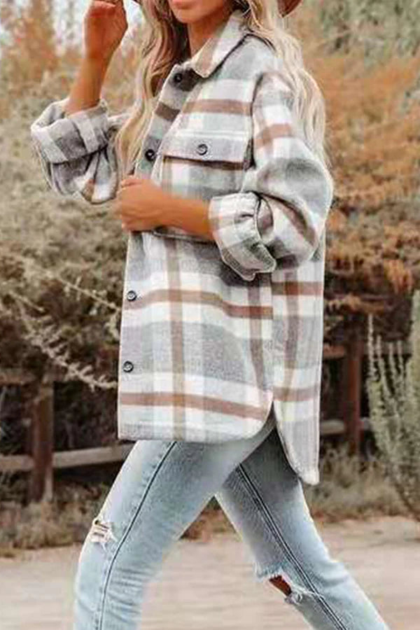 Plaid Pocket Buckle Turndown Collar Outerwear P282