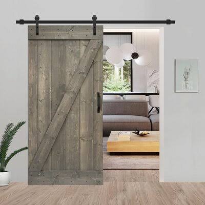 30 in. x 84 in. Weather Gray Stained Knotty Pine Wood Interior Sliding Barn Door with Hardware Kit and Handle I2621