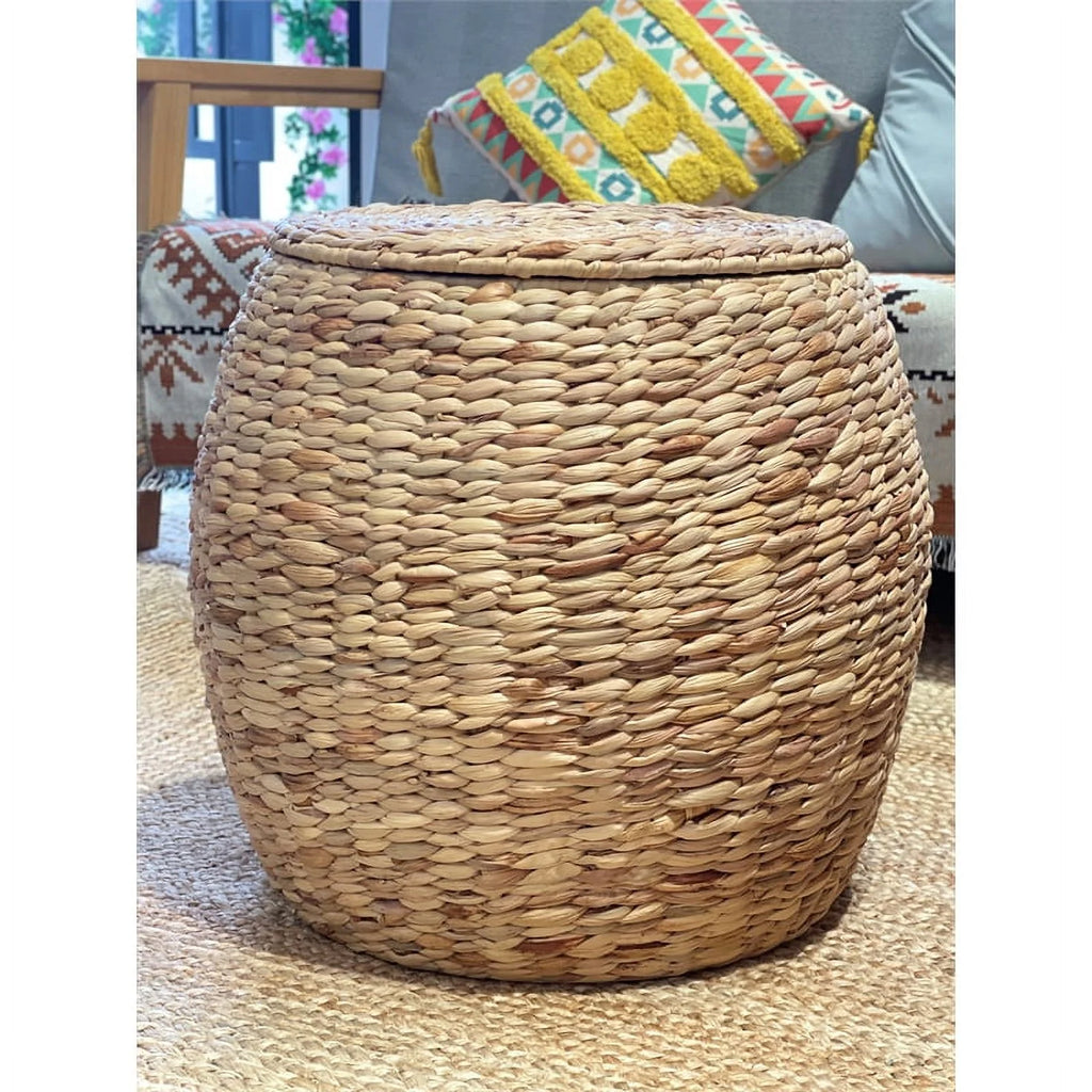 Beige Wicker Rattan Storage Ottoman Basket with Lid N332494