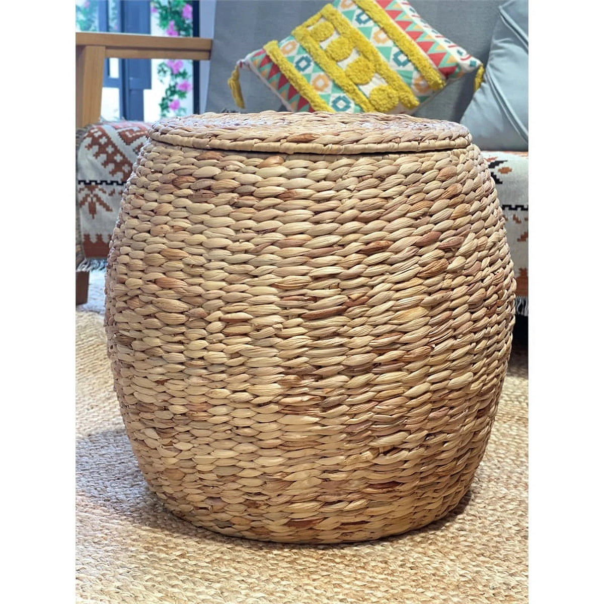 Beige Wicker Rattan Storage Ottoman Basket with Lid N332494