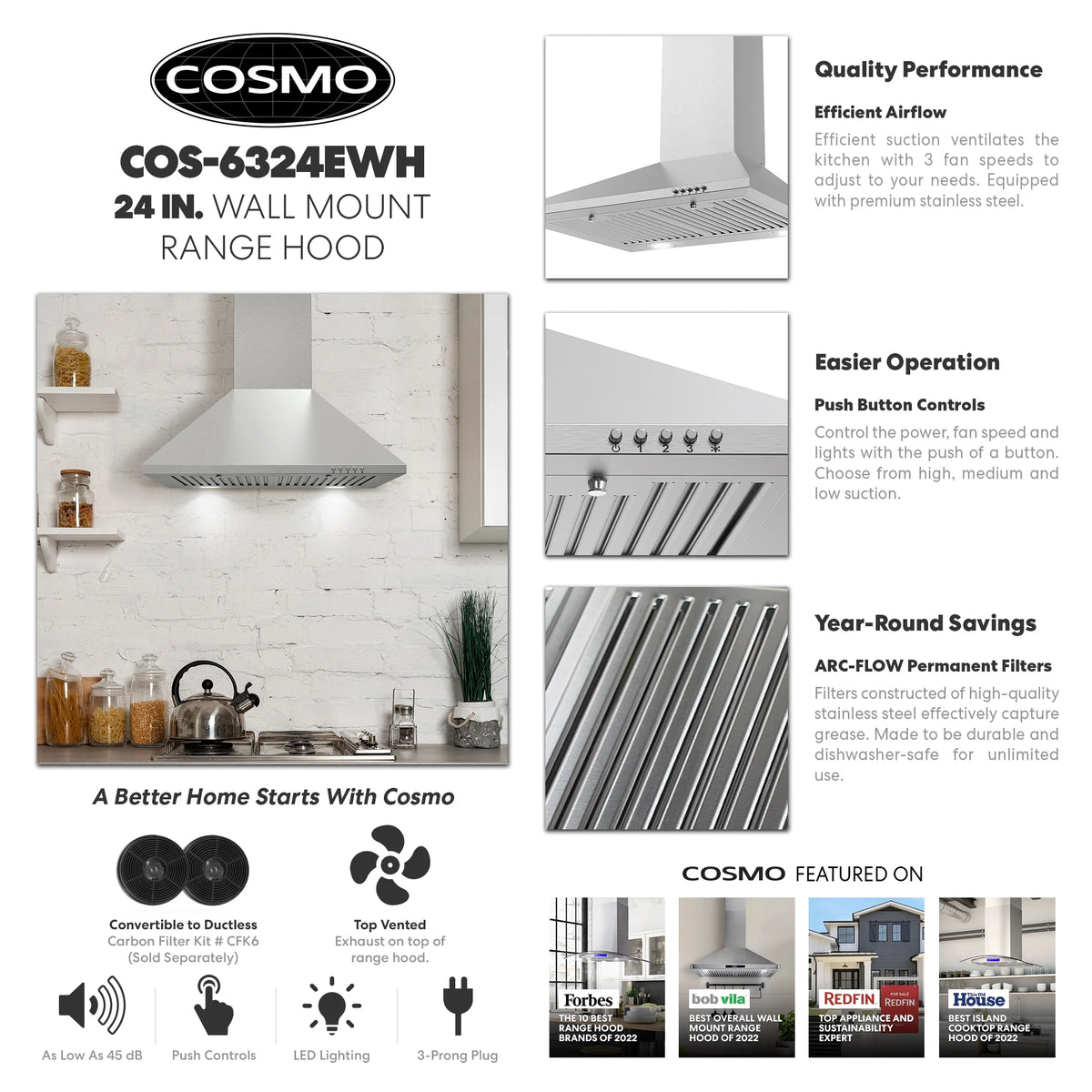 24 in. Ducted Wall Mount Range Hood in Stainless Steel with LED Lighting and Permanent Filters B543239