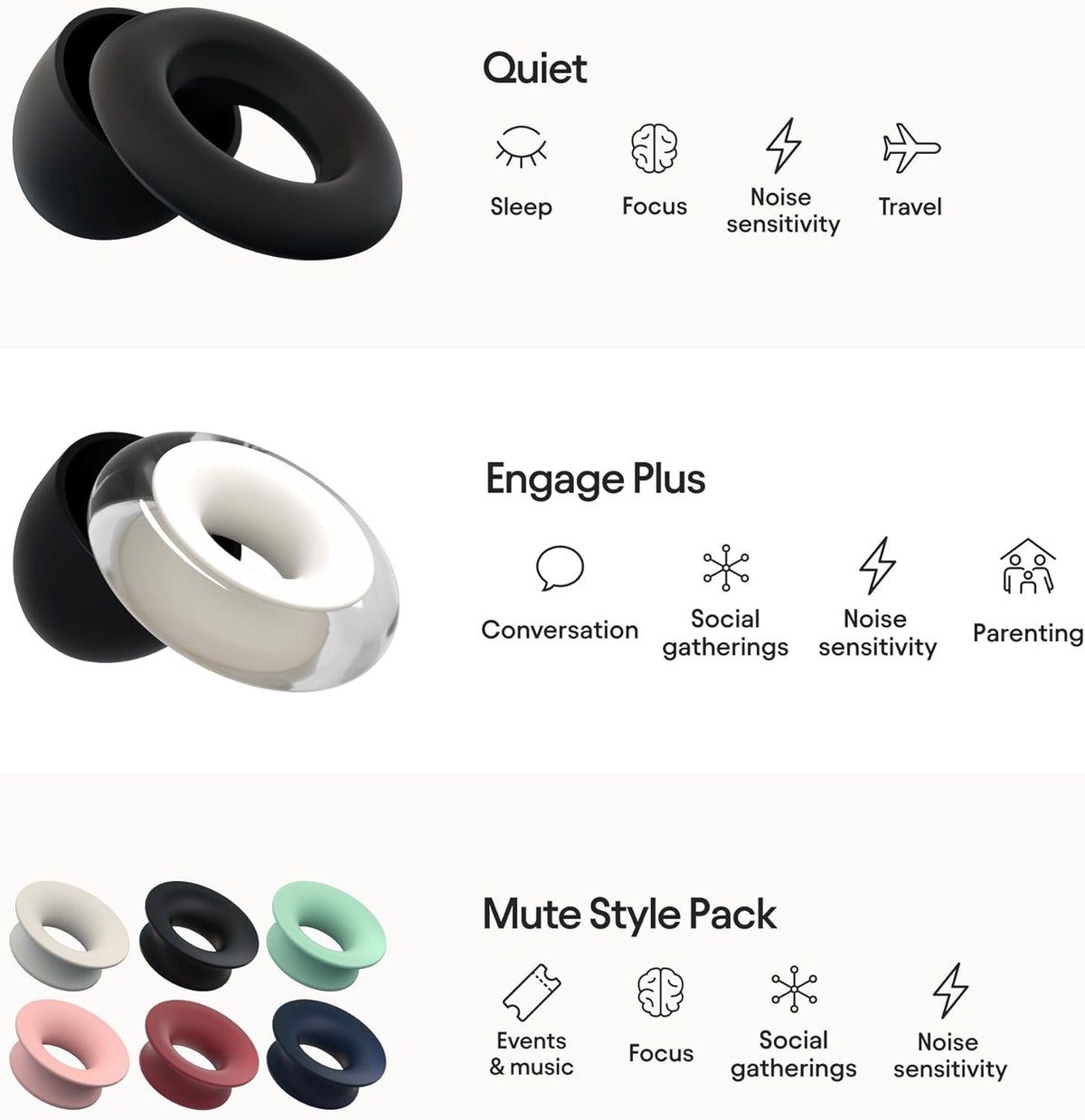 Loop Earplugs Daily Control Plus Bundle (2-Pack) + Mute – Loop Quiet (Black) + Loop Engage Plus (Crystal) + Loop Mute | Reusable Ear Plugs H18346