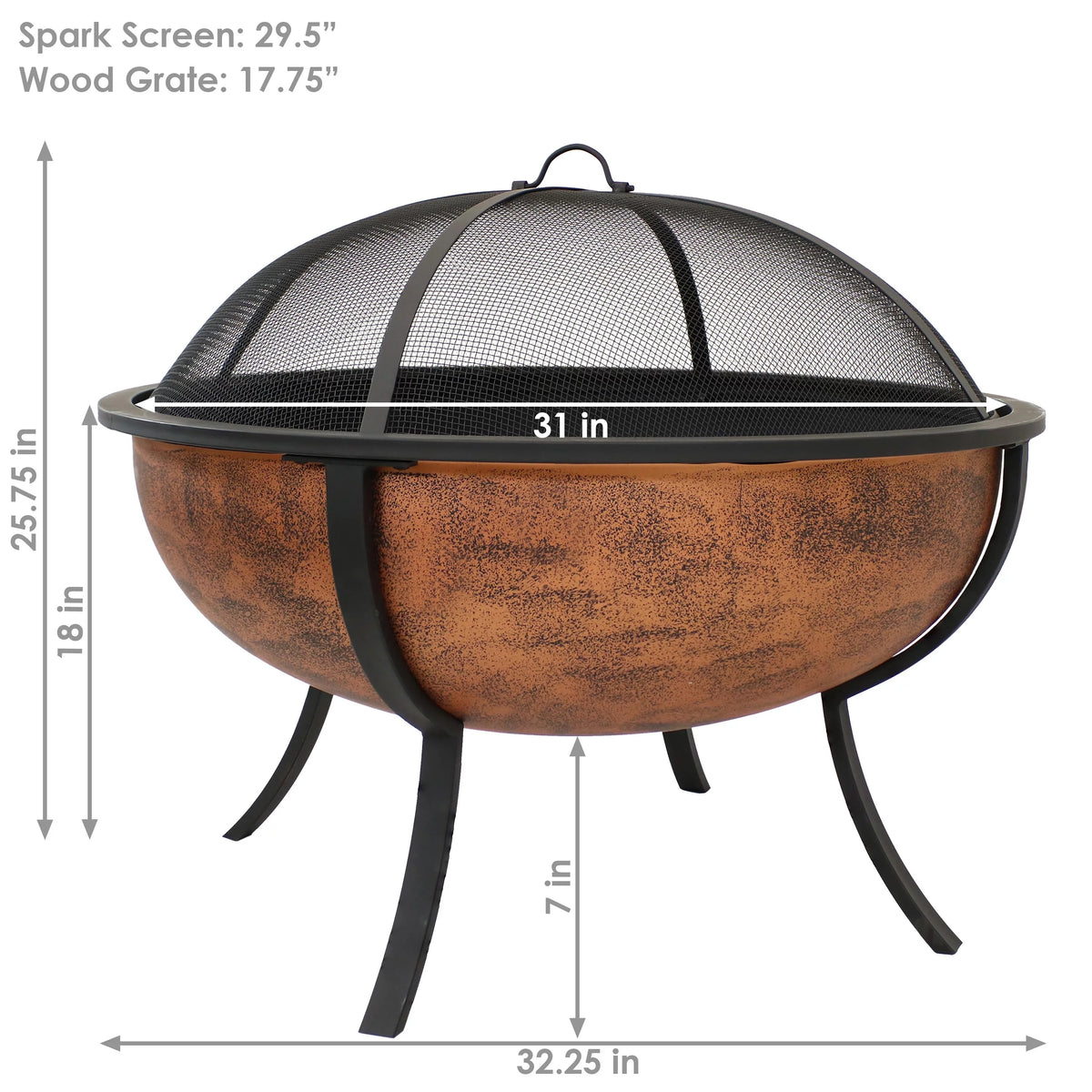 Copper Raised Outdoor Fire Pit Bowl with Spark Screen - 32" Z12179