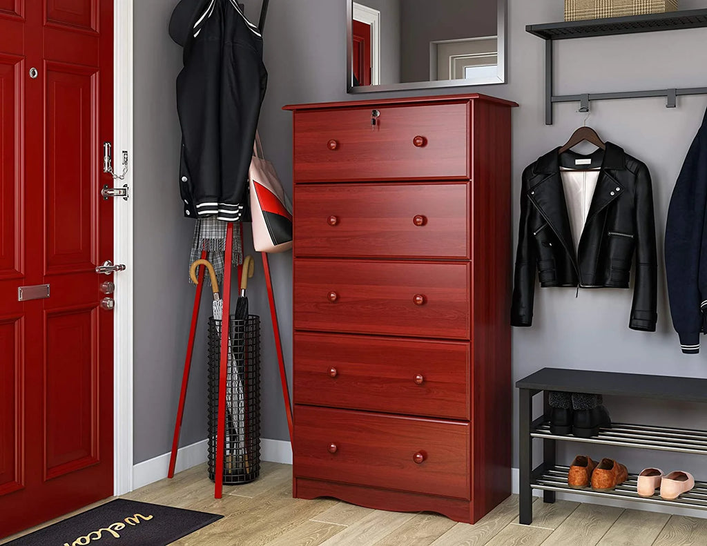 100% Solid Wood 5 Drawer Chest with Lock Honey Pine E872753