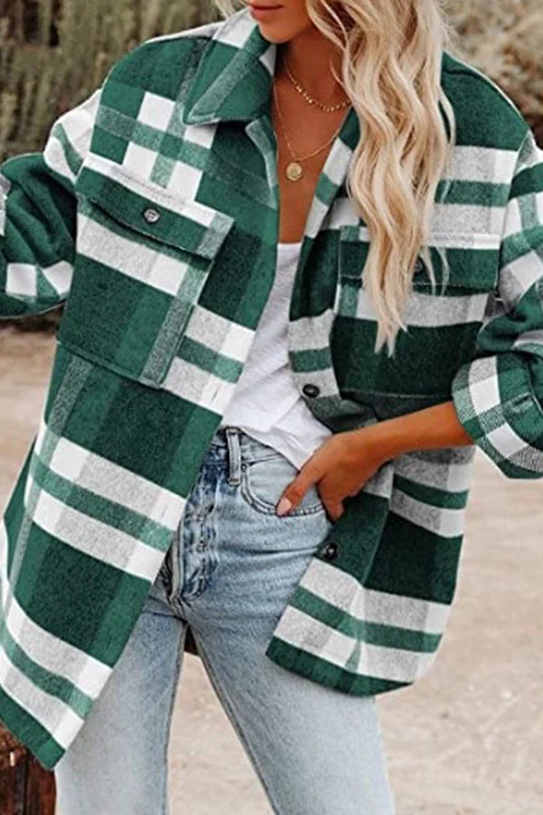 Plaid Pocket Buckle Turndown Collar Outerwear P282