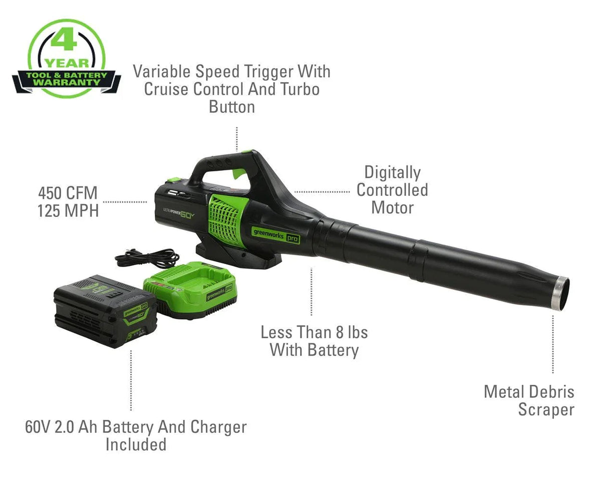 60V 450 CFM 125 Mph Cordless Leaf Blower with 2.0Ah Battery & Charger A7998