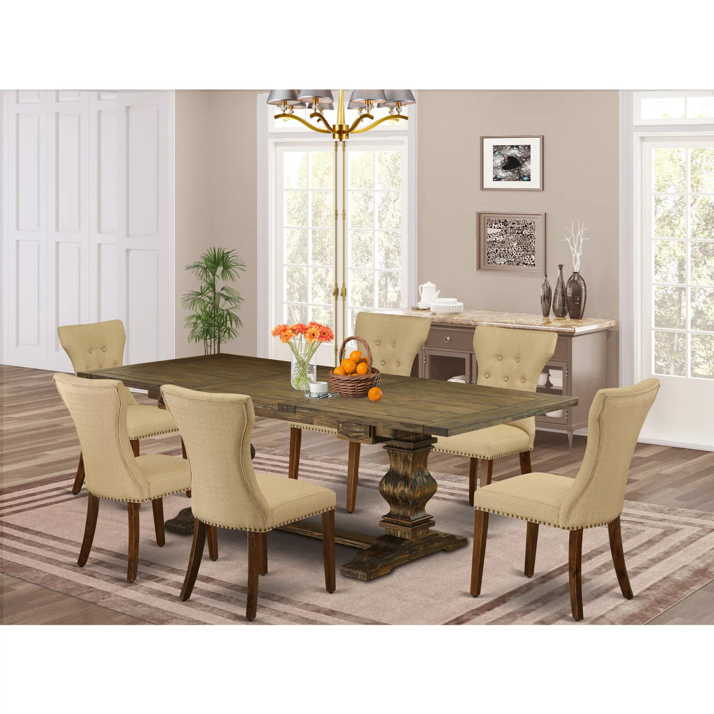 7 Piece Dining Table Set with Brown Linen Chairs A75381