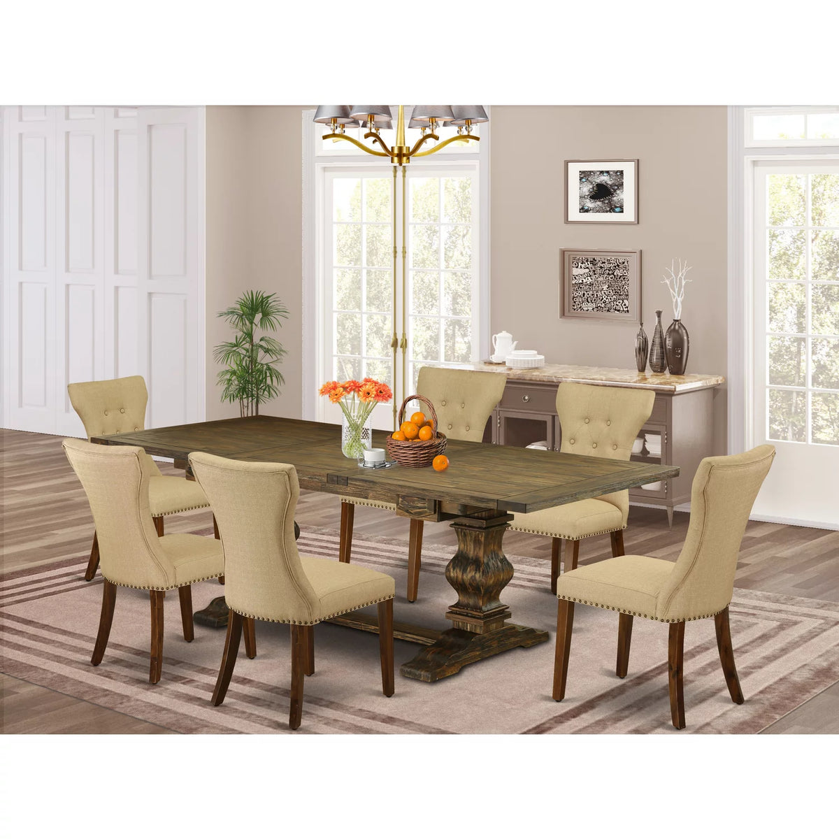 7 Piece Dining Table Set with Brown Linen Chairs A75381