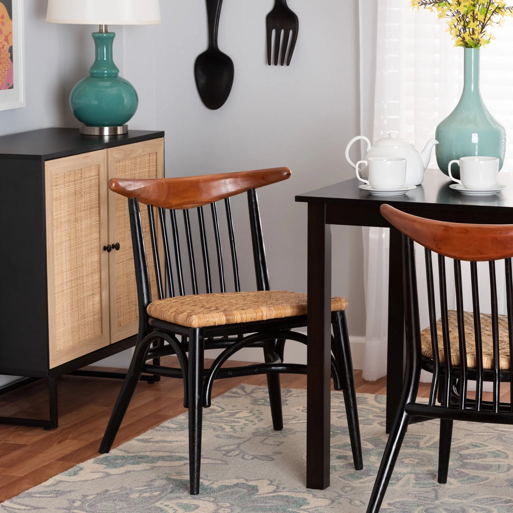 Black and Walnut Brown Wood and Rattan Dining Chair F7259