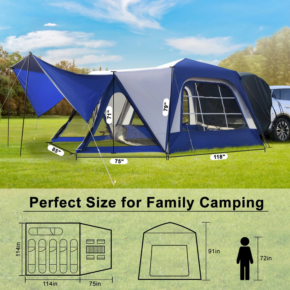 SUV Tent with Porch, 6-Person 10' x 10' Waterproof Car Camping Tent Y807