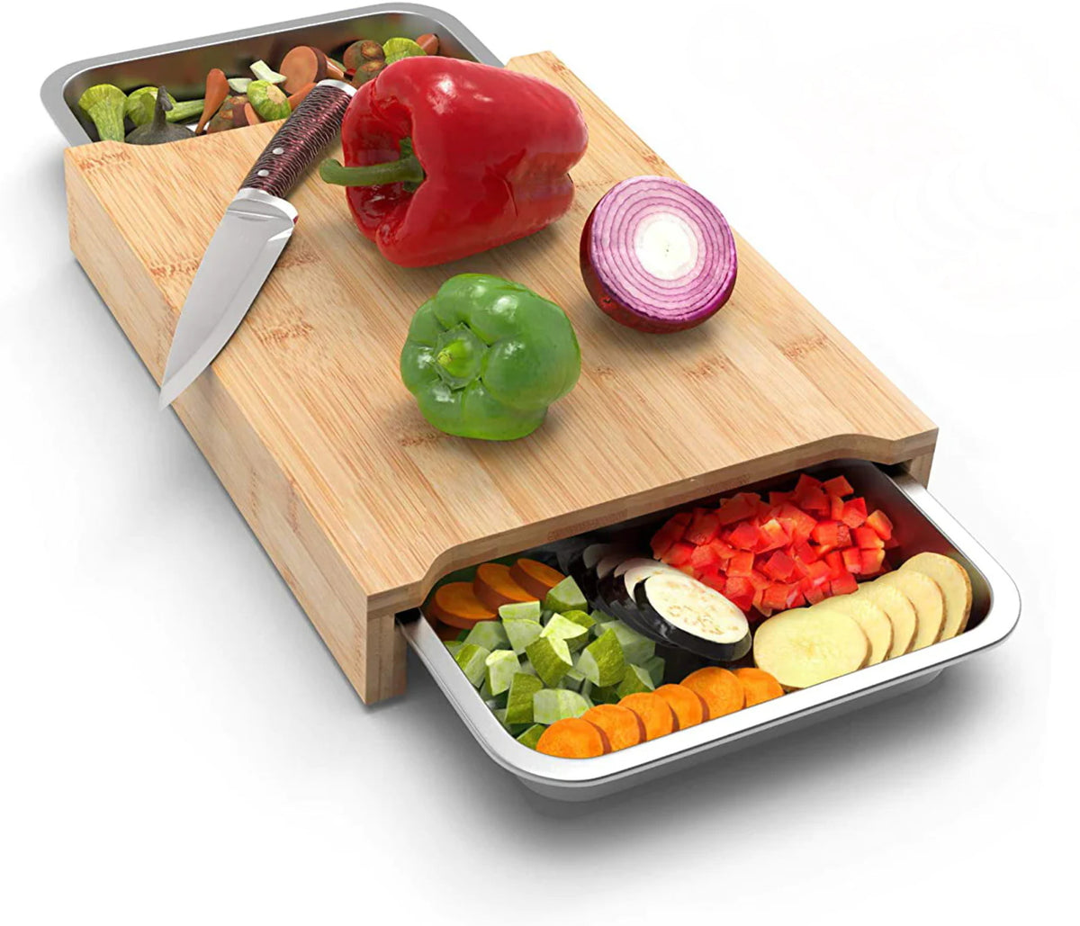 Bamboo Cutting Board with 2 Stainless Steel Trays V142