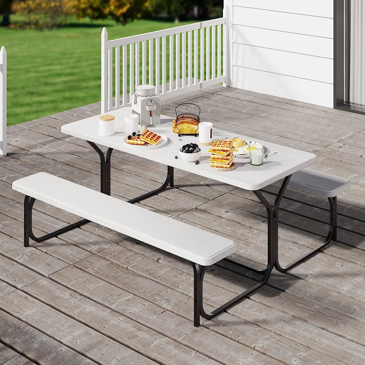 6 ft Black Picnic Table Bench Set with Umbrella Hole K599