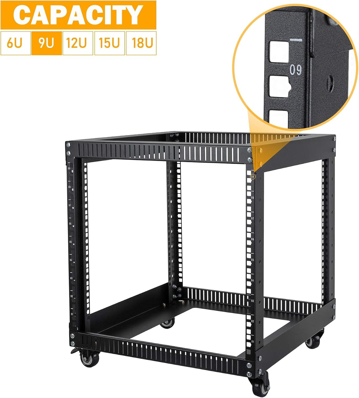 9U Open Frame Server Rack with Casters Black R4134